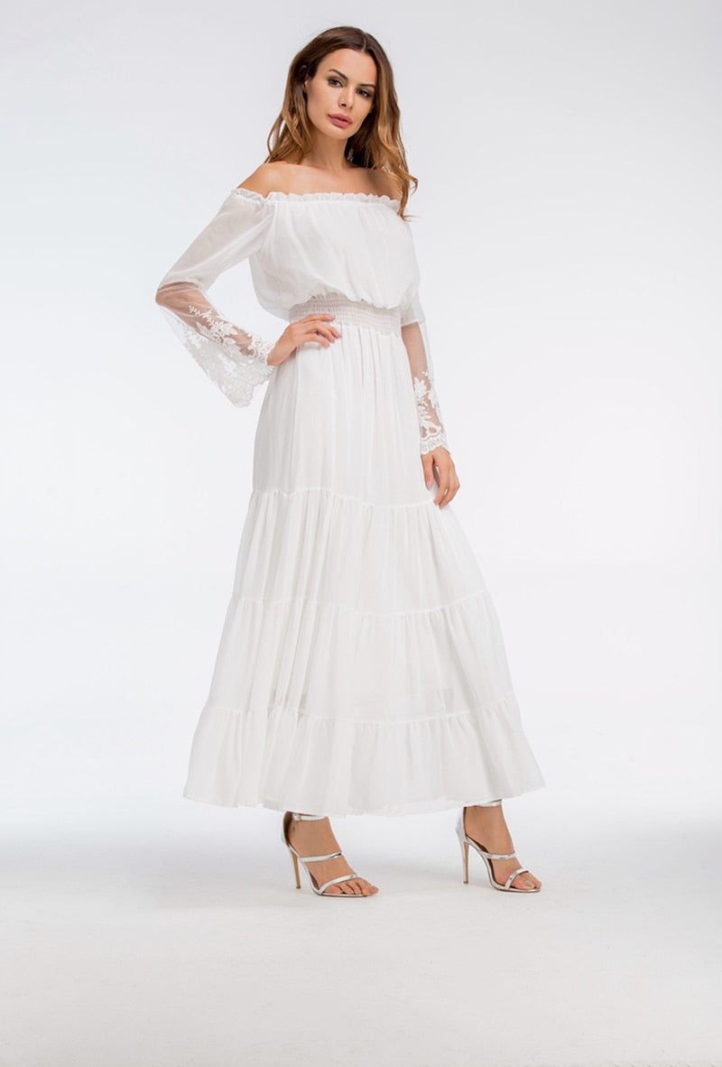 GR | Schulterfreies Weißes Spitzen Sommerkleid