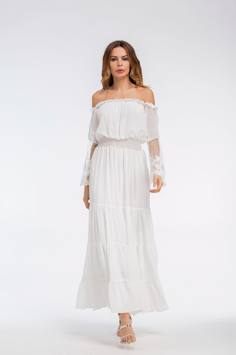 GR | Schulterfreies Weißes Spitzen Sommerkleid