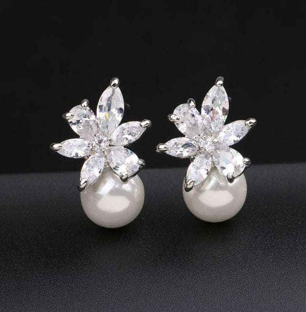 GR | Austrian Imitation Pearl Snow Flower Bridal CZ Stud Earrings