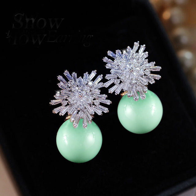 GR | Austrian Imitation Pearl Snow Flower Bridal CZ Stud Earrings