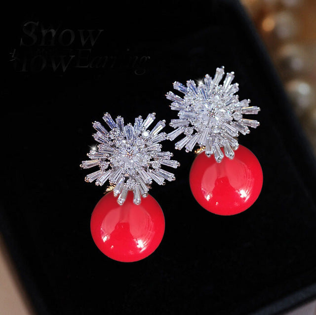 GR | Austrian Imitation Pearl Snow Flower Bridal CZ Stud Earrings