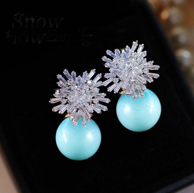 GR | Austrian Imitation Pearl Snow Flower Bridal CZ Stud Earrings