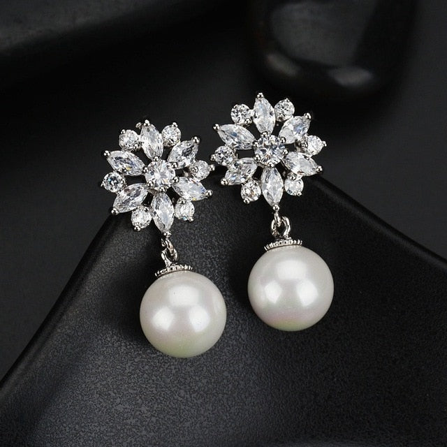 GR | Austrian Imitation Pearl Snow Flower Bridal CZ Stud Earrings