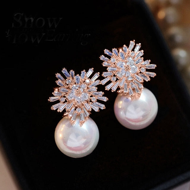 GR | Austrian Imitation Pearl Snow Flower Bridal CZ Stud Earrings