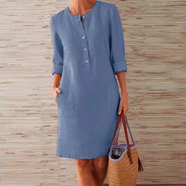 GR | Buttoned Linen Dress with Rolled Cuffs for Women