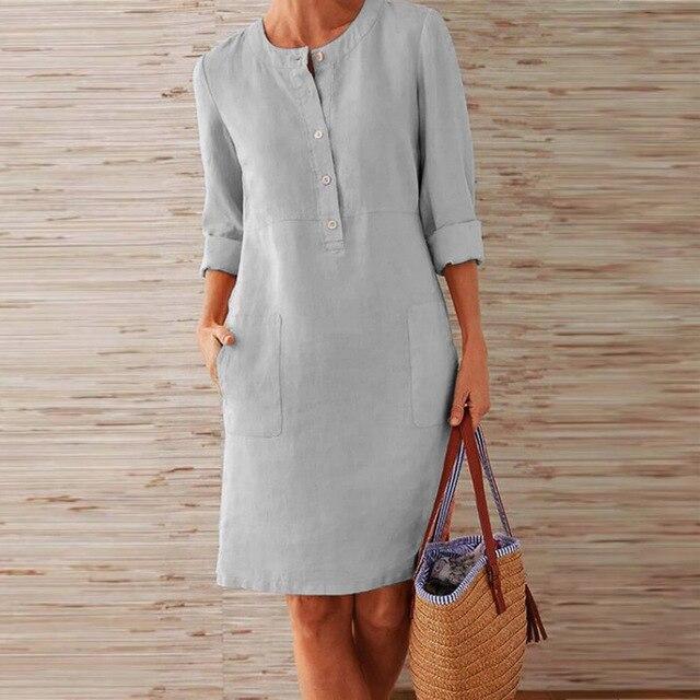 GR | Buttoned Linen Dress with Rolled Cuffs for Women