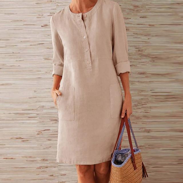 GR | Buttoned Linen Dress with Rolled Cuffs for Women