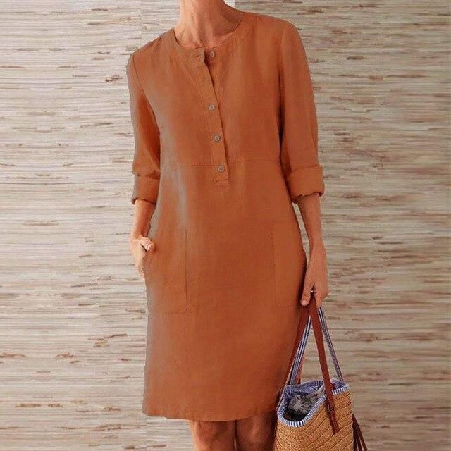 GR | Buttoned Linen Dress with Rolled Cuffs for Women