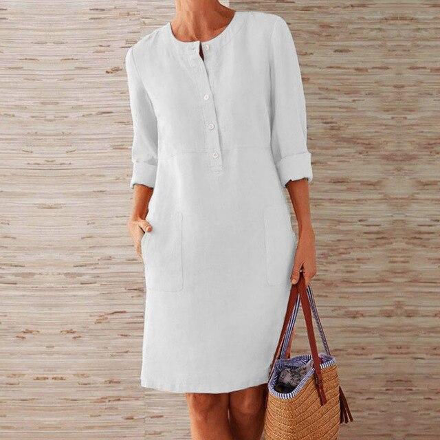 GR | Buttoned Linen Dress with Rolled Cuffs for Women