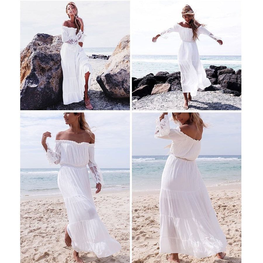 GR | Schulterfreies Weißes Spitzen Sommerkleid