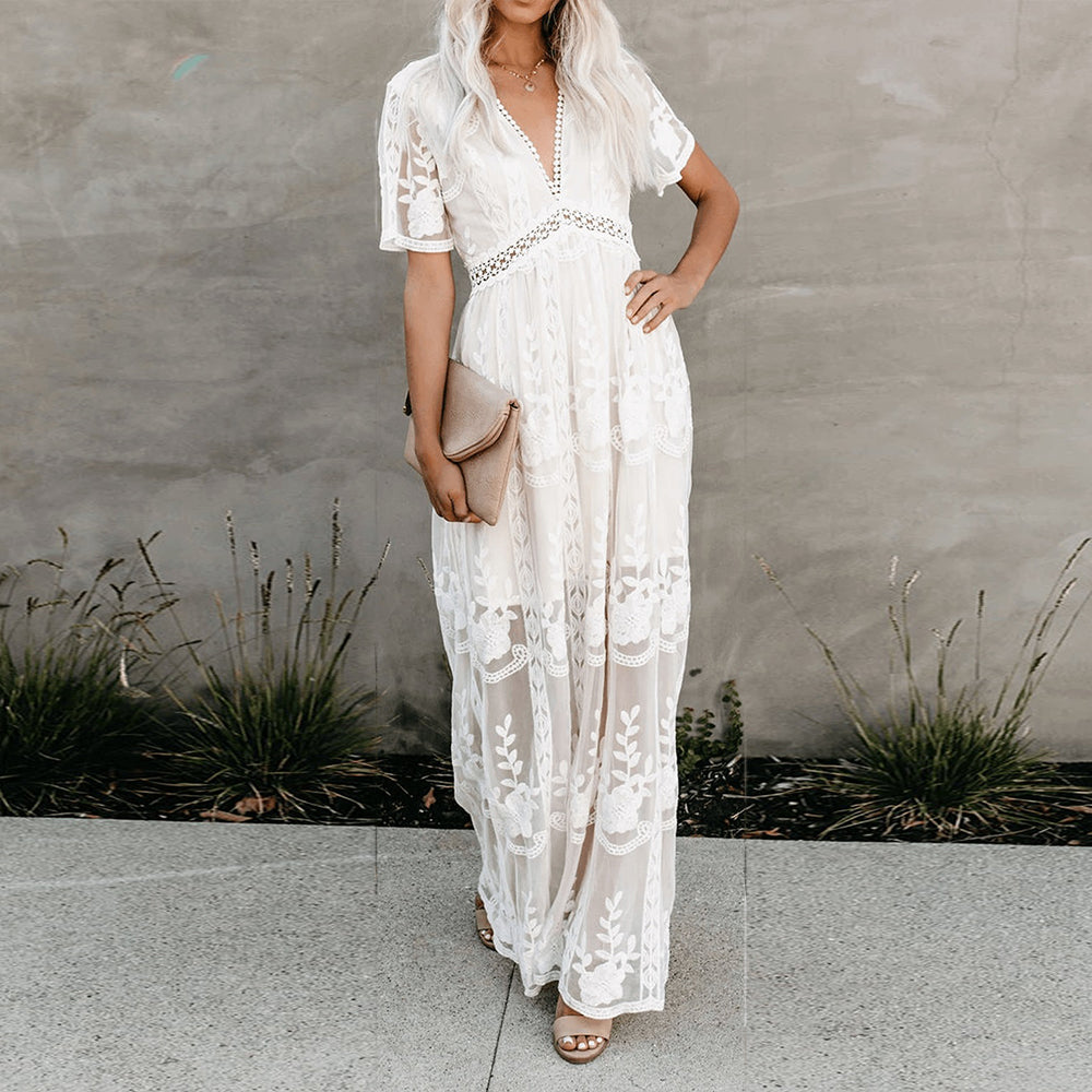 GR | Maxi dress made of mesh lace with V-neck, summer