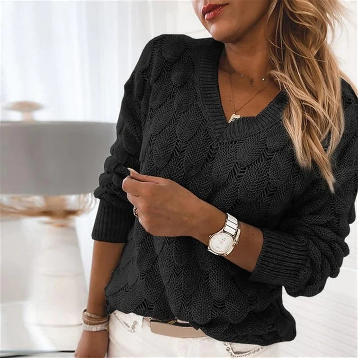 GR - Damen V-Ausschnitt Kabelstrickpullover