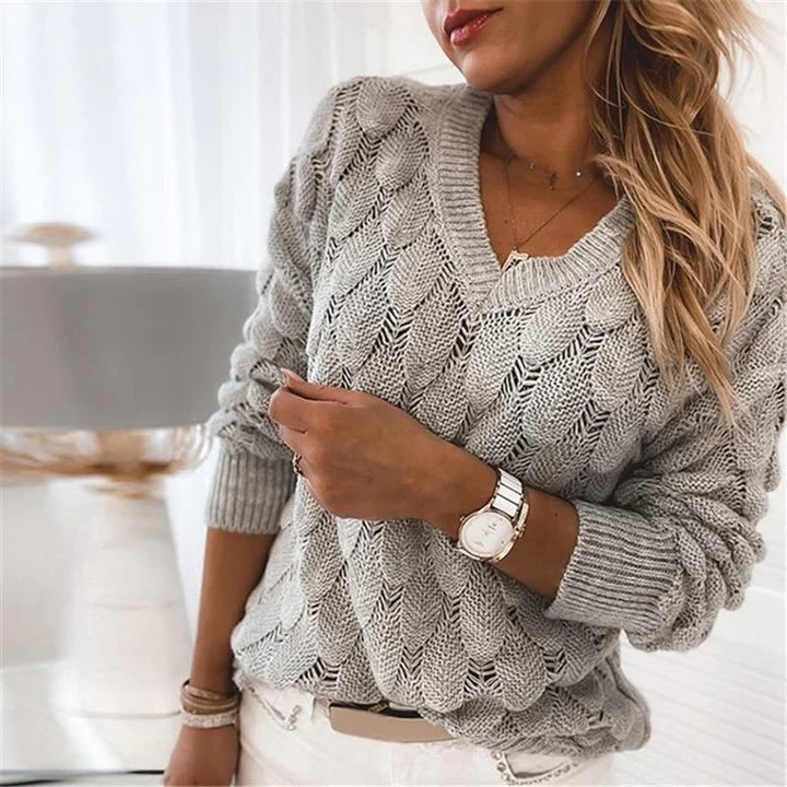 GR - Damen V-Ausschnitt Kabelstrickpullover