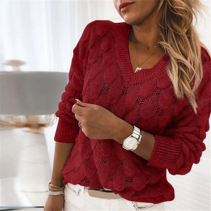 GR - Damen V-Ausschnitt Kabelstrickpullover