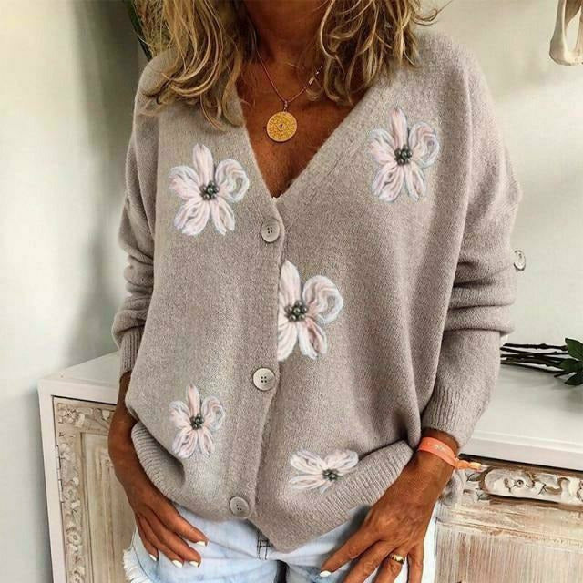GR | Casual cardigan with floral embroidery