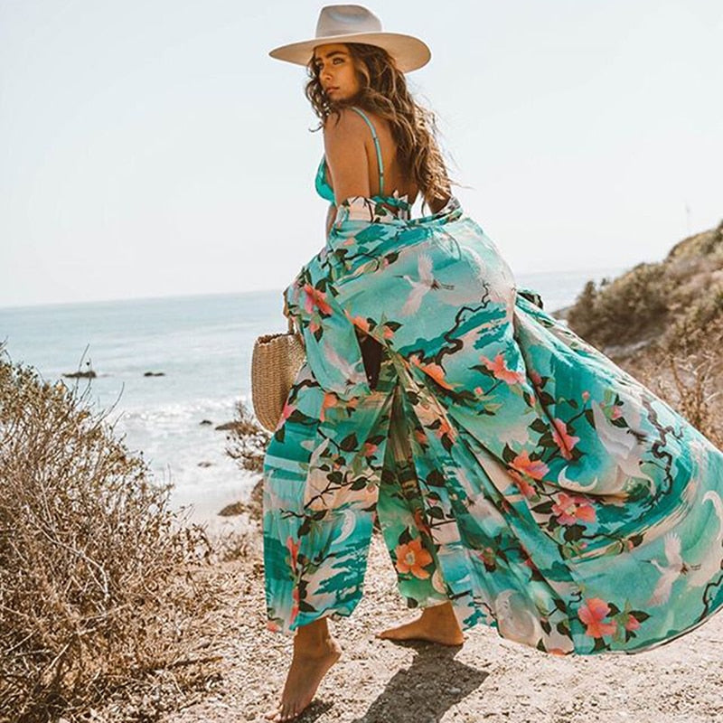 GR | Green floral print kimono cardigan