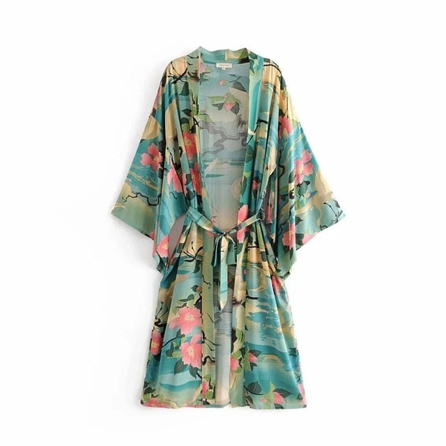 GR | Green floral print kimono cardigan
