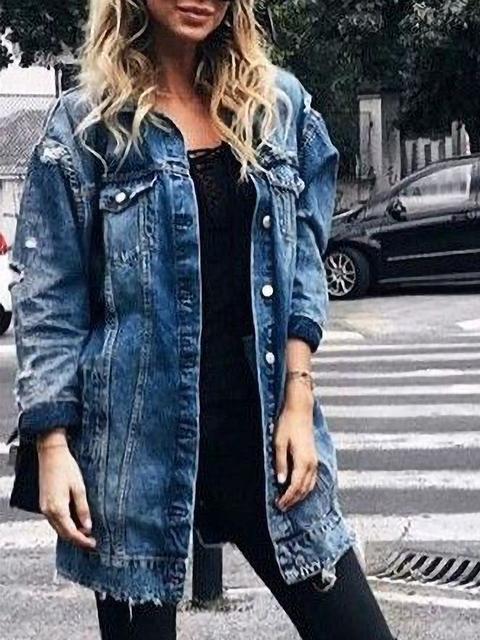 GR | Ripped Boyfriend Long Denim Jacket