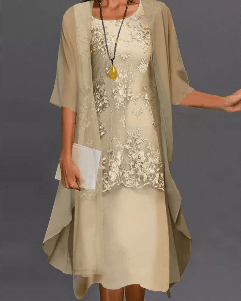 GR | Damen Kleid Elegantes Chiffon Midi Kleid in Zwei Teilen