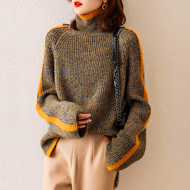GR Sweater | Eleganter, übergroßer Rollkragenpullover mit orangefarbenem Streifen für Damen