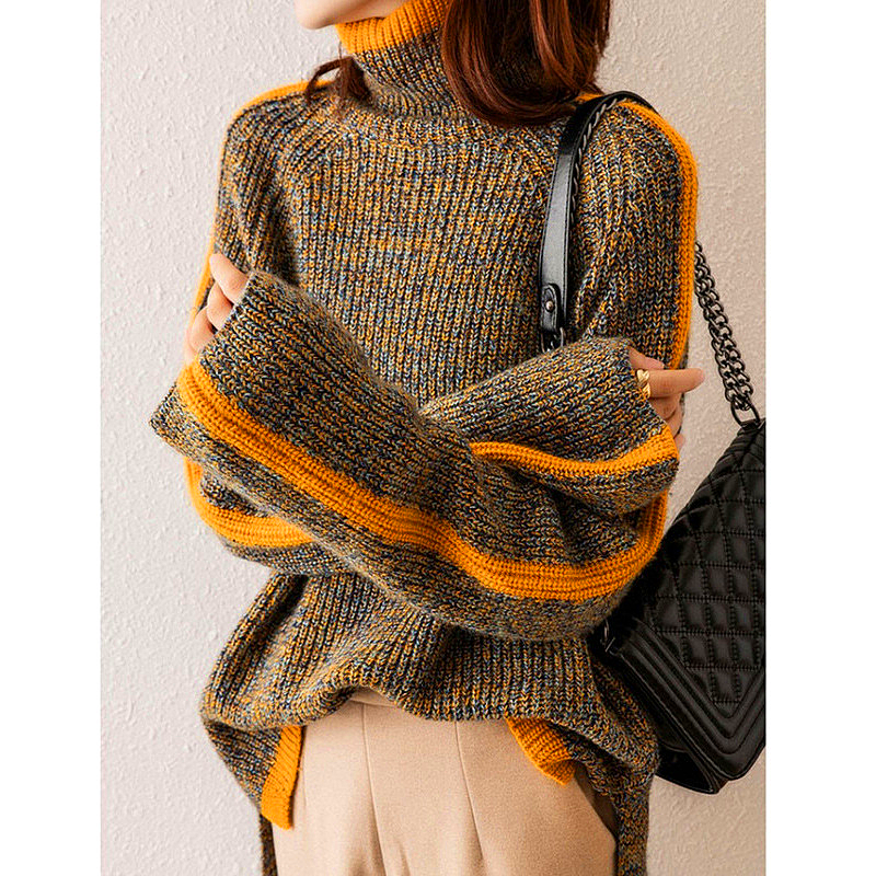GR Sweater | Eleganter, übergroßer Rollkragenpullover mit orangefarbenem Streifen für Damen