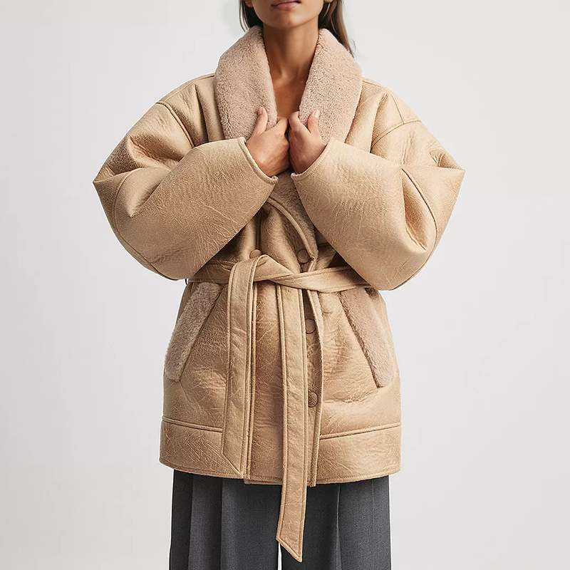 GR | Sherpa-lined faux leather jacket with belt