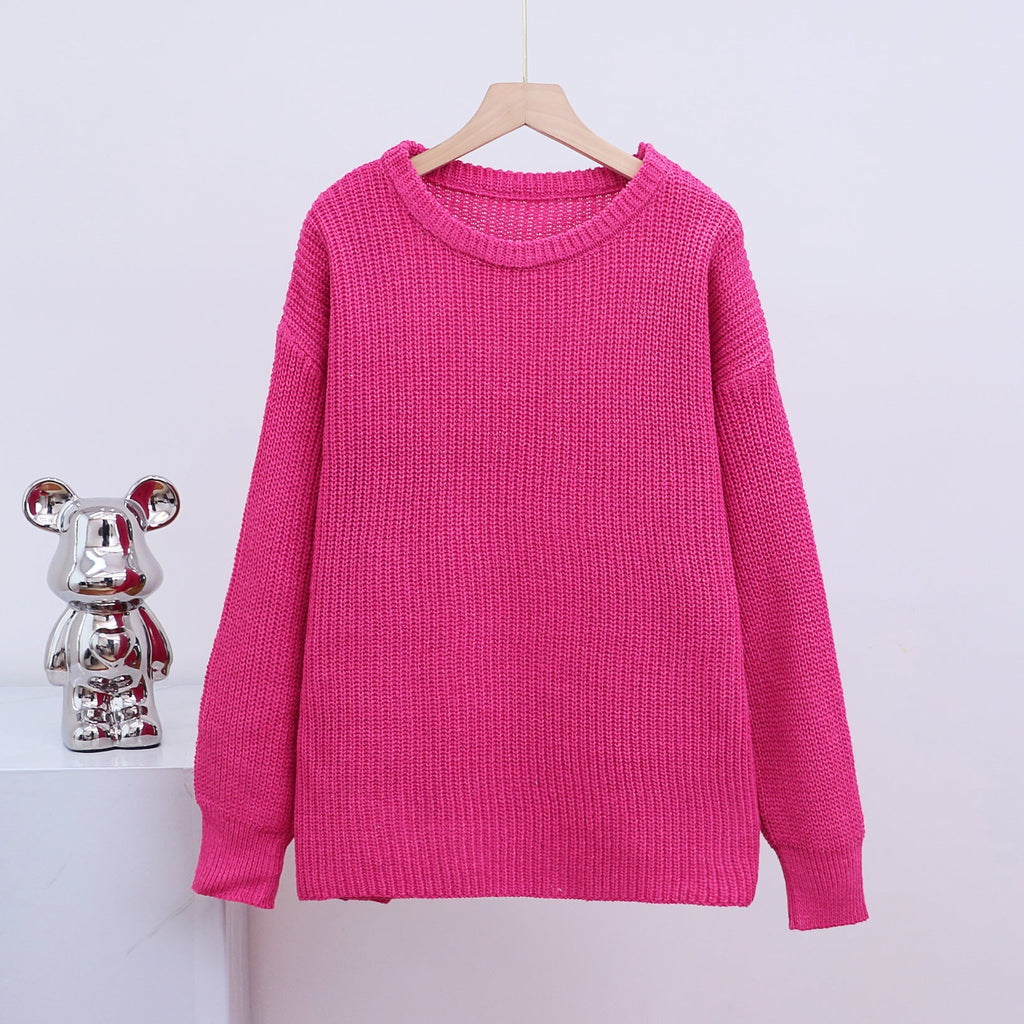 GR – Fashionable solid-color knit sweater with round neck