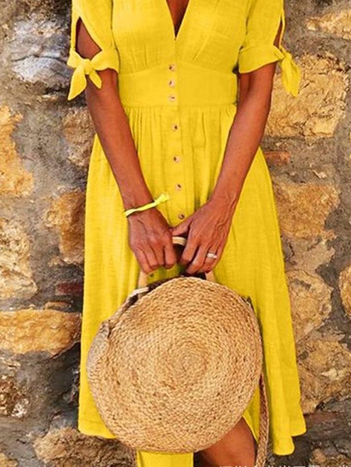 GR | Solid Color V-Neck Band Half Sleeve Casual Dress