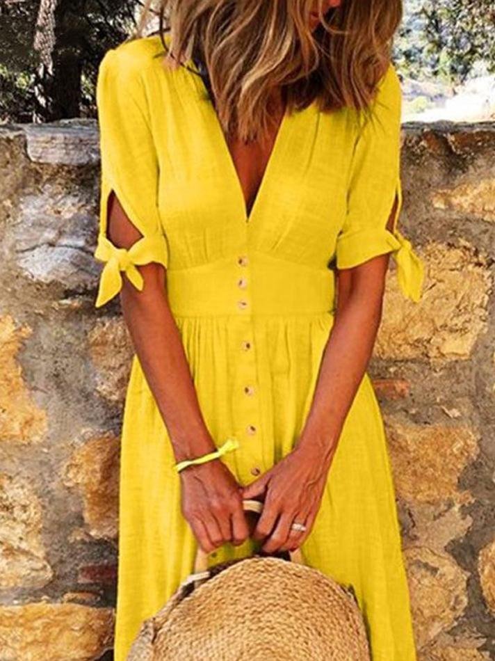 GR | Solid Color V-Neck Band Half Sleeve Casual Dress