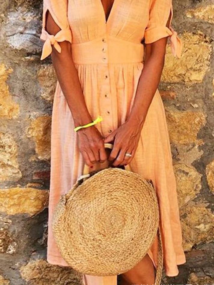 GR | Solid Color V-Neck Band Half Sleeve Casual Dress