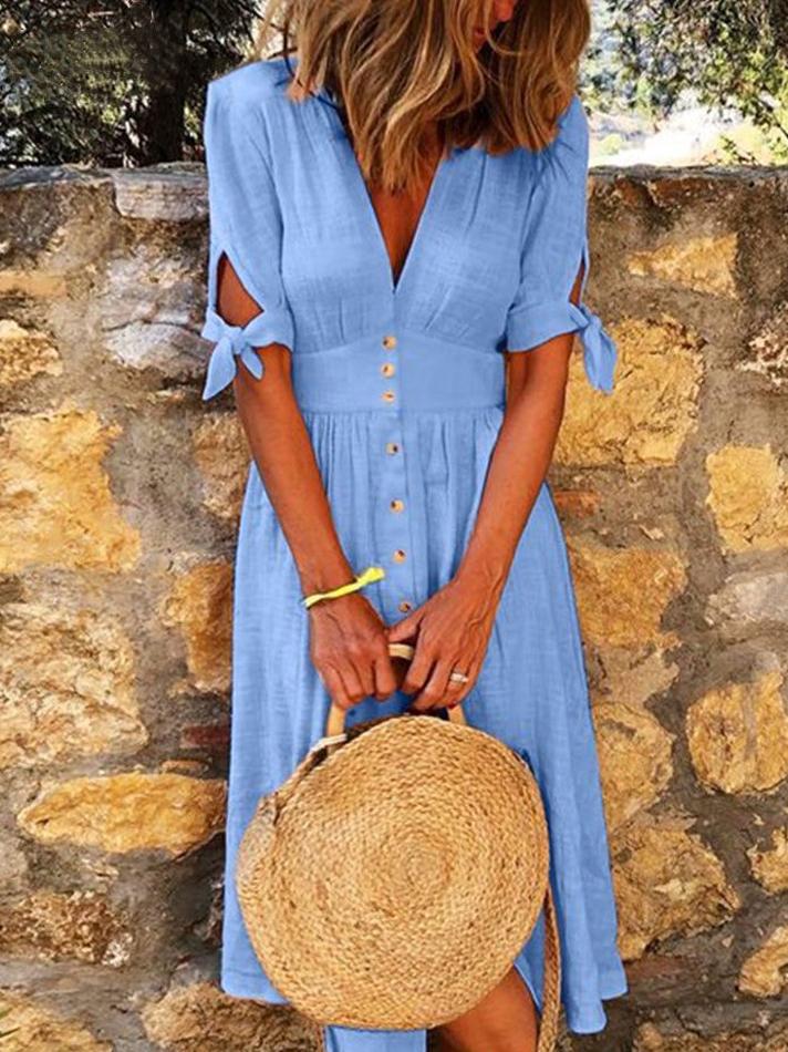 GR | Solid Color V-Neck Band Half Sleeve Casual Dress