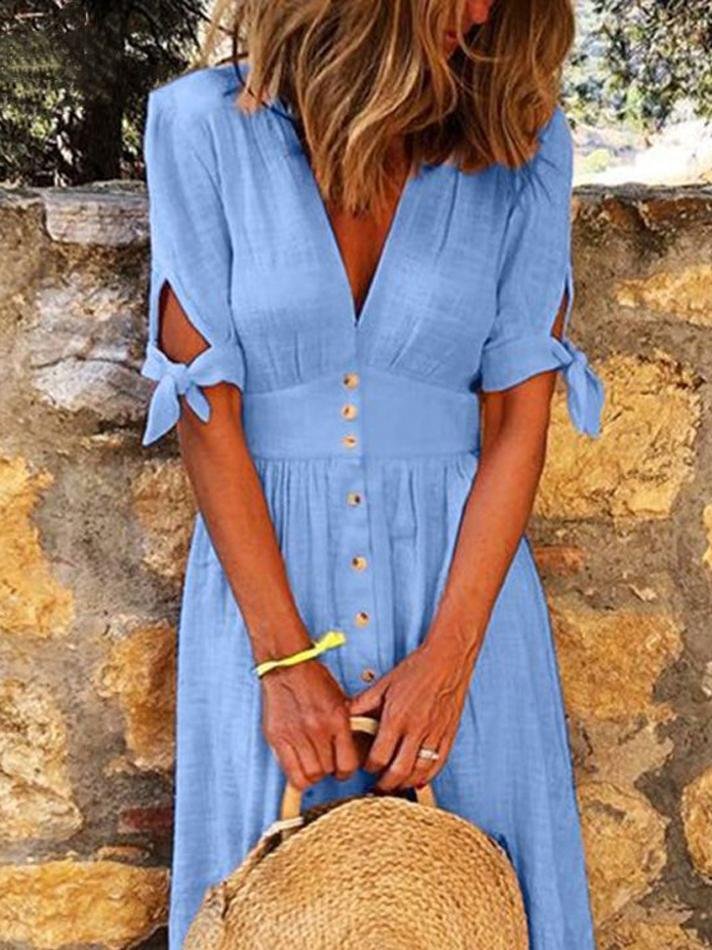 GR | Solid Color V-Neck Band Half Sleeve Casual Dress