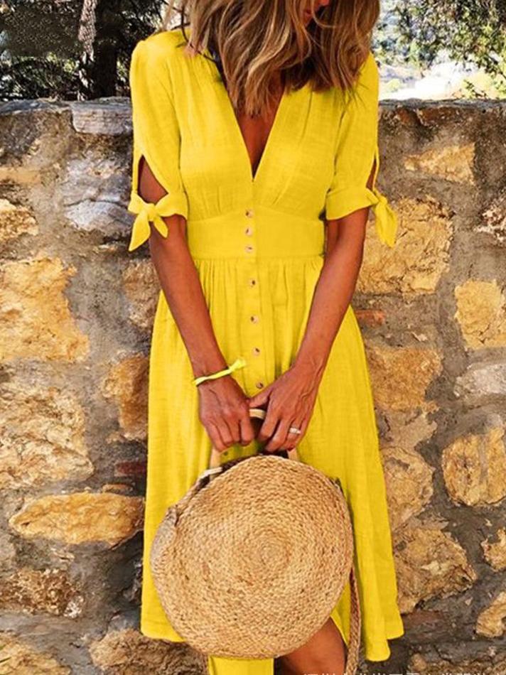 GR | Solid Color V-Neck Band Half Sleeve Casual Dress
