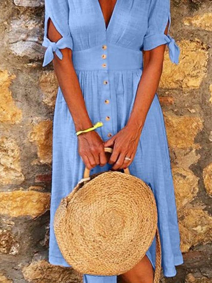 GR | Solid Color V-Neck Band Half Sleeve Casual Dress