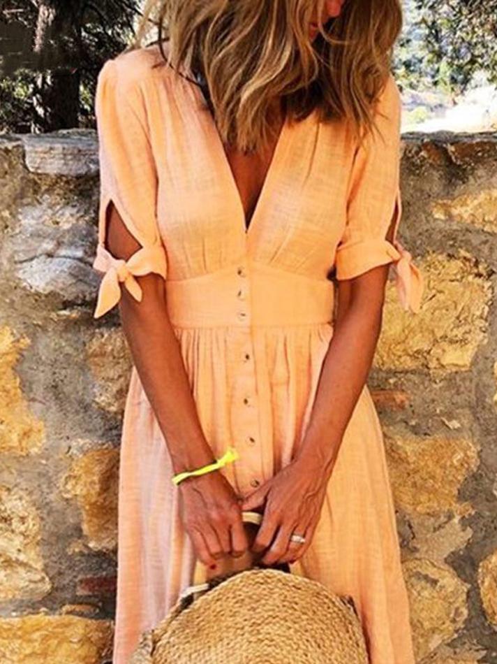 GR | Solid Color V-Neck Band Half Sleeve Casual Dress