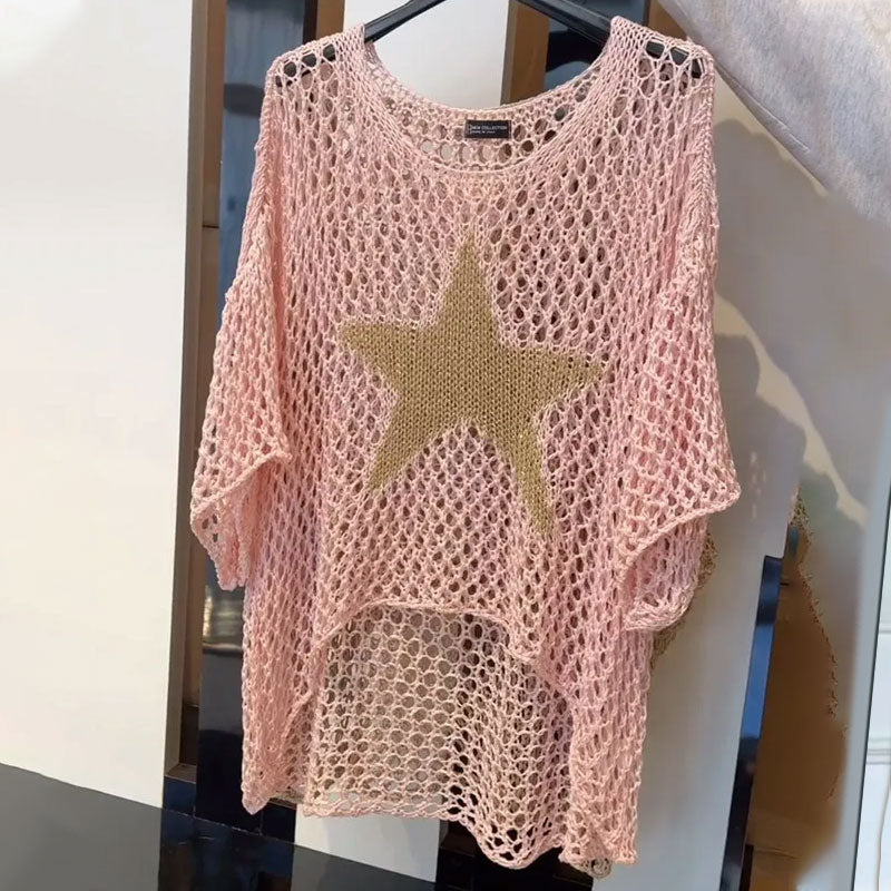 GR | Women's fashion round neck crochet knit mesh top 