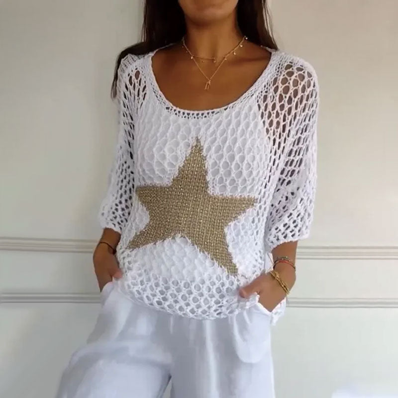 GR | Women's fashion round neck crochet knit mesh top 