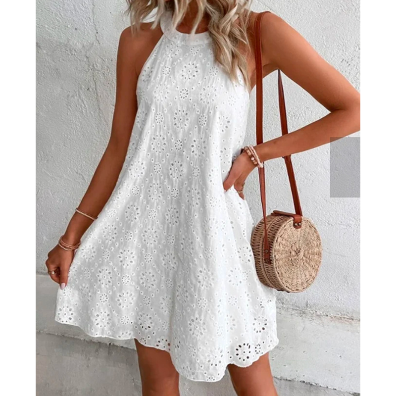 GR | Sommer Frauen O-Ausschnitt Sexy Schmal Weiß Mini Kleid