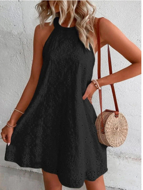 GR | Sommer Frauen O-Ausschnitt Sexy Schmal Weiß Mini Kleid