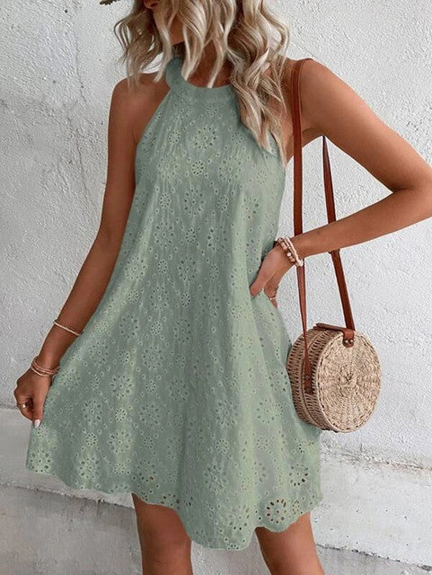 GR | Sommer Frauen O-Ausschnitt Sexy Schmal Weiß Mini Kleid