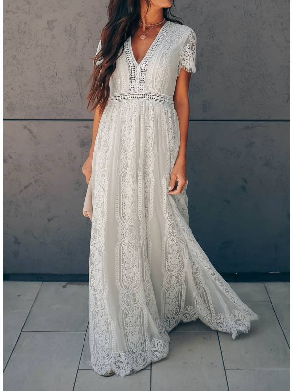 GR | Lange Spitzenkleid mit Kurzen Ärmeln und V-Ausschnitt