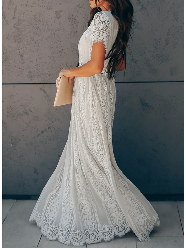 GR | Lange Spitzenkleid mit Kurzen Ärmeln und V-Ausschnitt