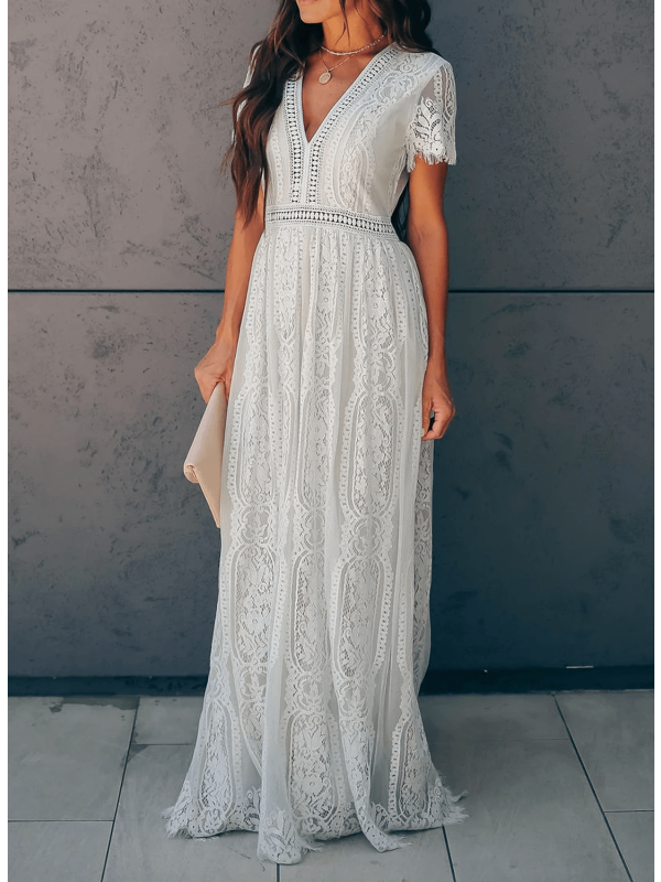 GR | Lange Spitzenkleid mit Kurzen Ärmeln und V-Ausschnitt