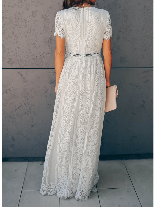 GR | Lange Spitzenkleid mit Kurzen Ärmeln und V-Ausschnitt