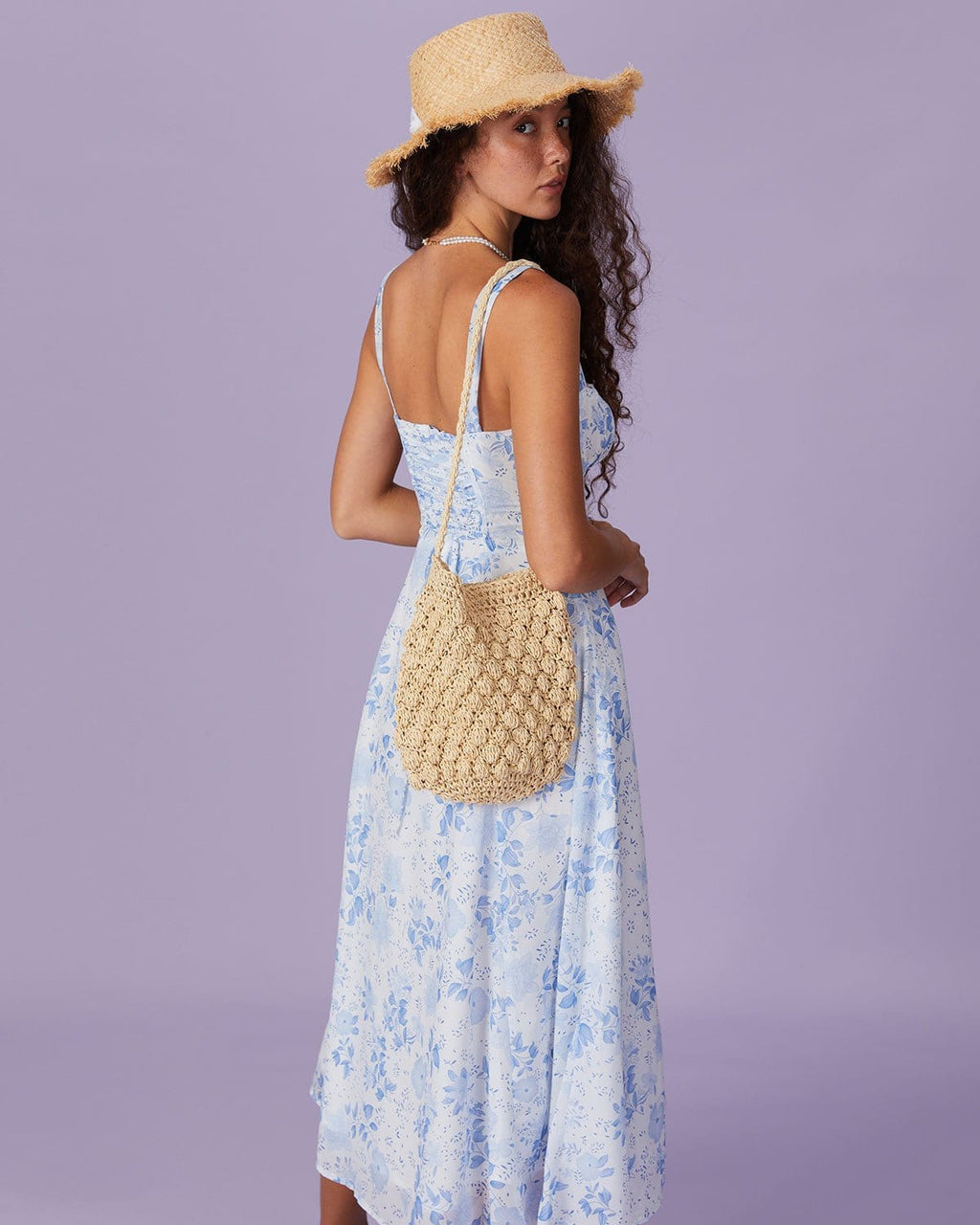 Blue midi dress with floral pattern and square neckline