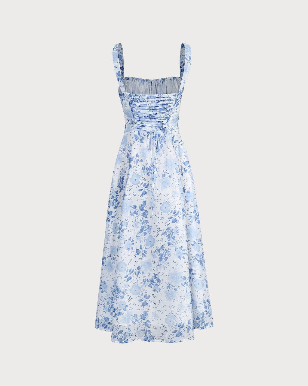 Blue midi dress with floral pattern and square neckline