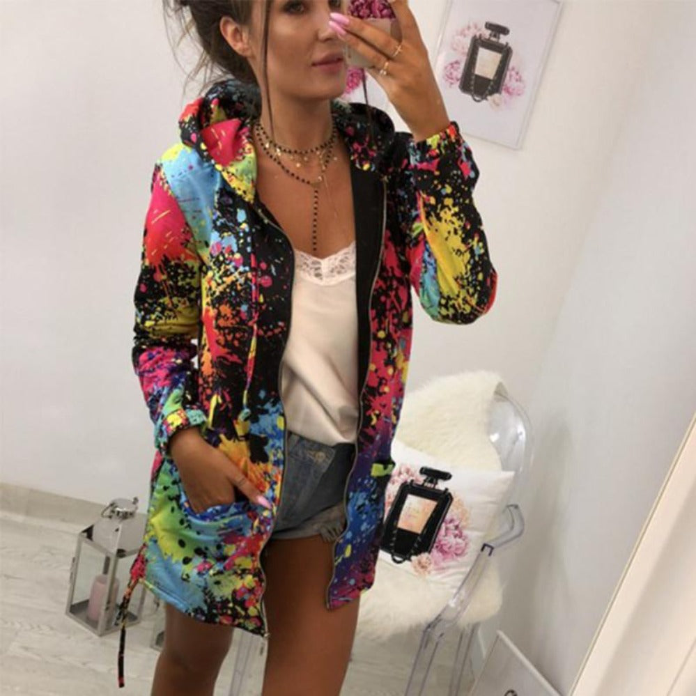 GR | Thin multi-colored hooded jacket with zipper and pockets, long jacket