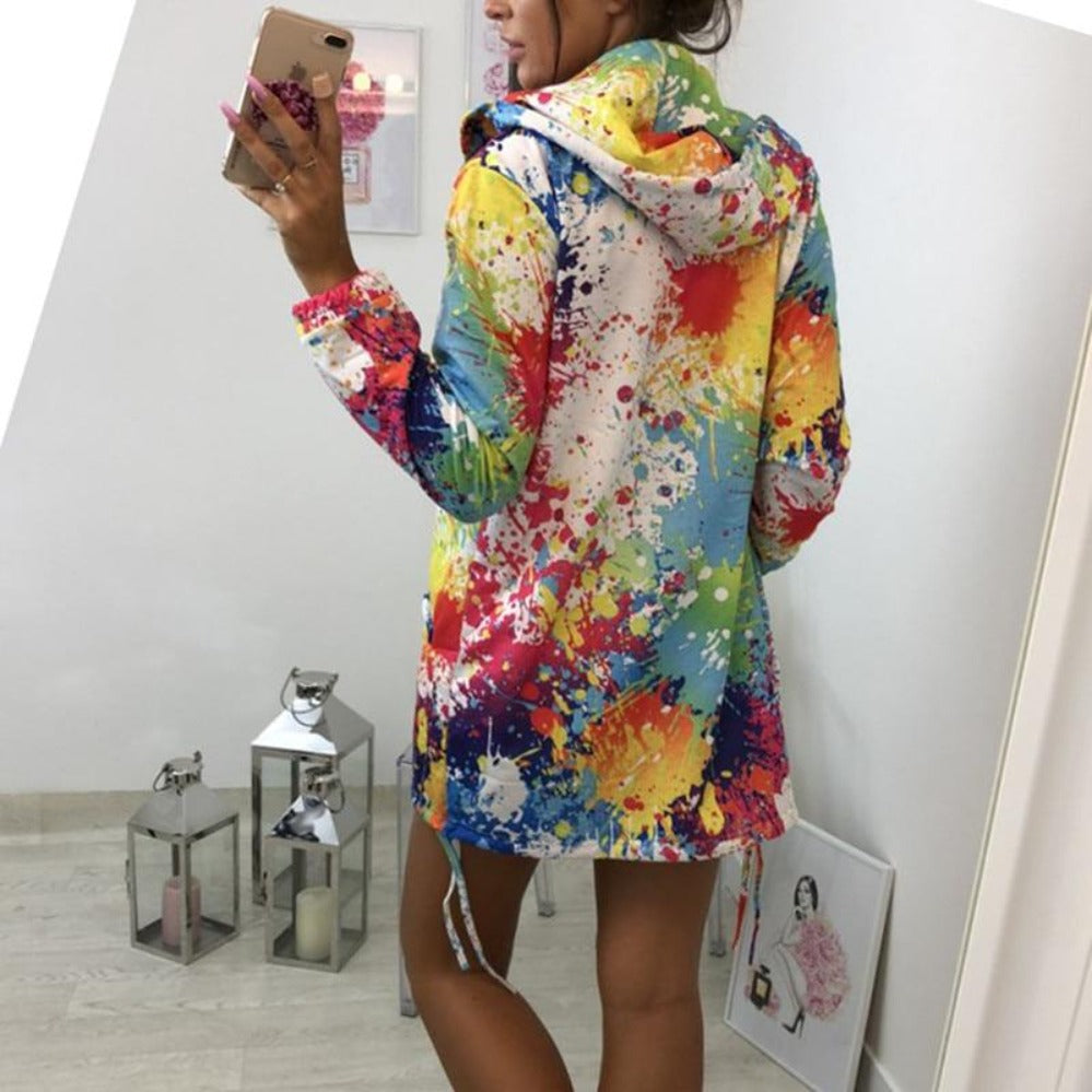 GR | Thin multi-colored hooded jacket with zipper and pockets, long jacket