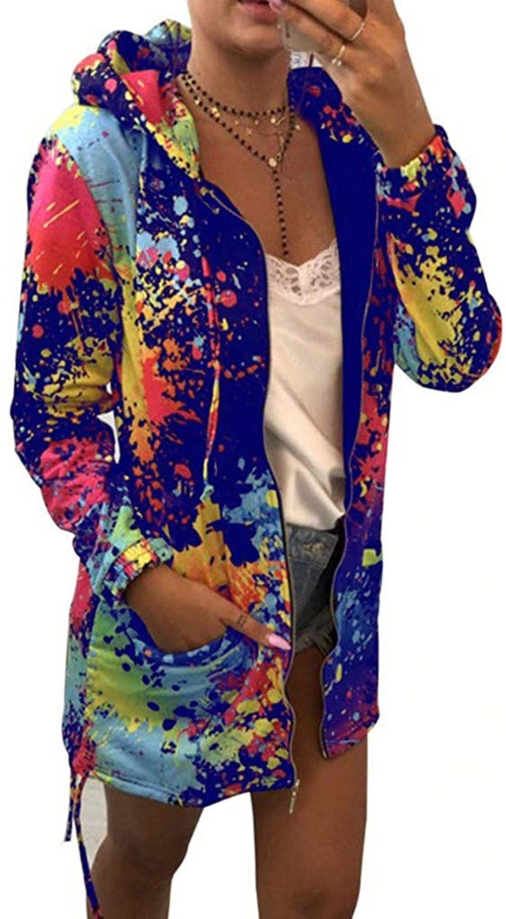 GR | Thin multi-colored hooded jacket with zipper and pockets, long jacket