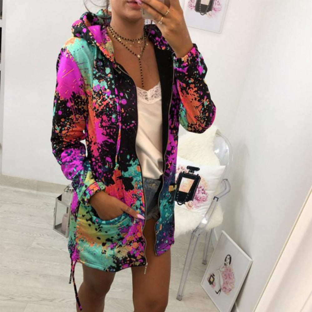 GR | Thin multi-colored hooded jacket with zipper and pockets, long jacket